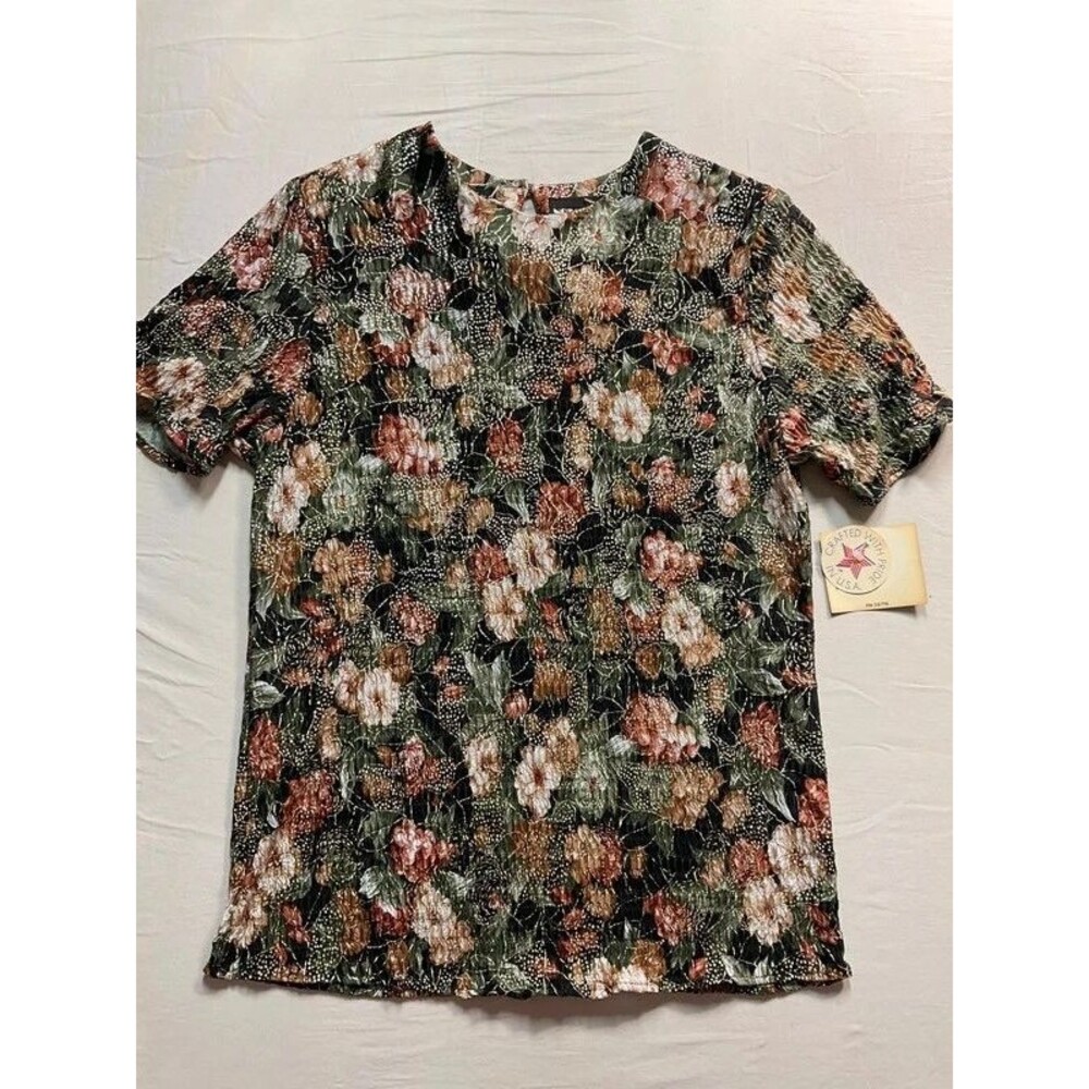 Vintage Notations Petite NWT 90s Crinkle Metallic Floral Top USA Small